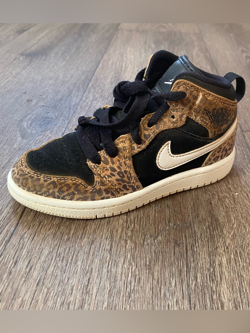 Nike Air Jordan Black and Tan Leopard Print Mid-Top Sneaker